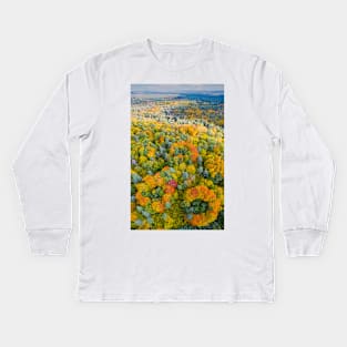 Aerial vertical panoramic view of vibrant color autumn forest Kids Long Sleeve T-Shirt